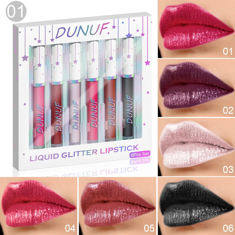 DUNUF 6-Piece Shimmer Lipstick Set – Metallic Gloss & Waterproof