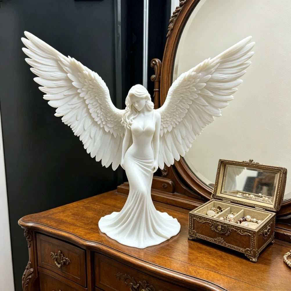 Graceful Spread-Wing Lady Angel Statue Matte PLA Blessing Sculpture Elegant Gown Tabletop Spiritual Relax Home Ornament Gift Oasis Select