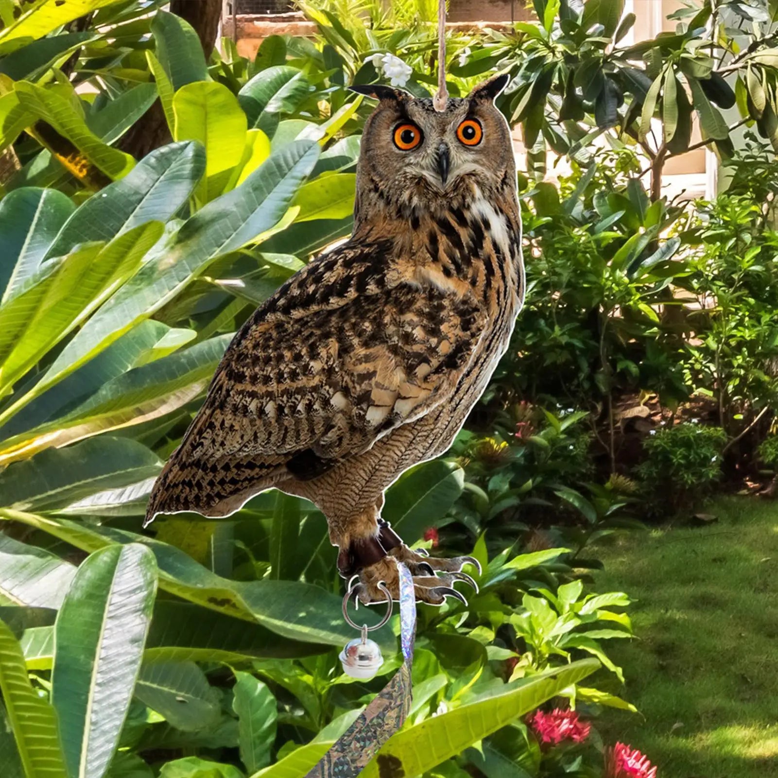 Expel Birds Pendant 2D Owl Scarecrow Pendant Garden Protector Decorative Scarer Pendant with Bell Fake Bird Scare Device Oasis Select