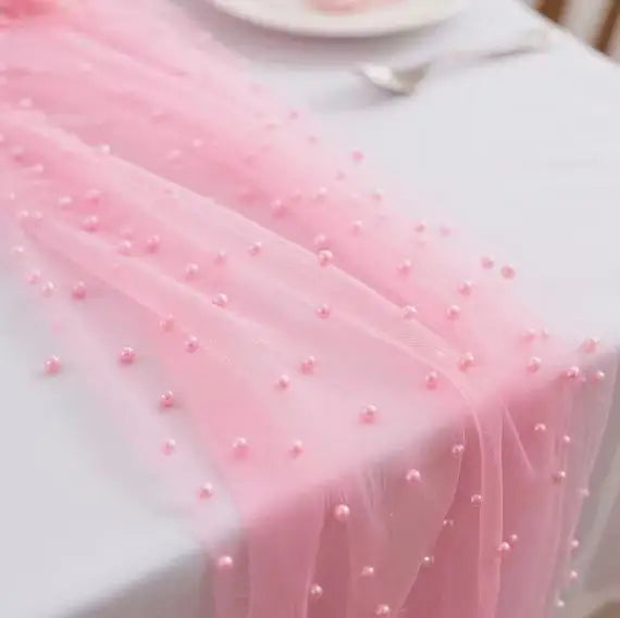 Pearl Beaded Tulle Table Runner – Wedding & Party Decor