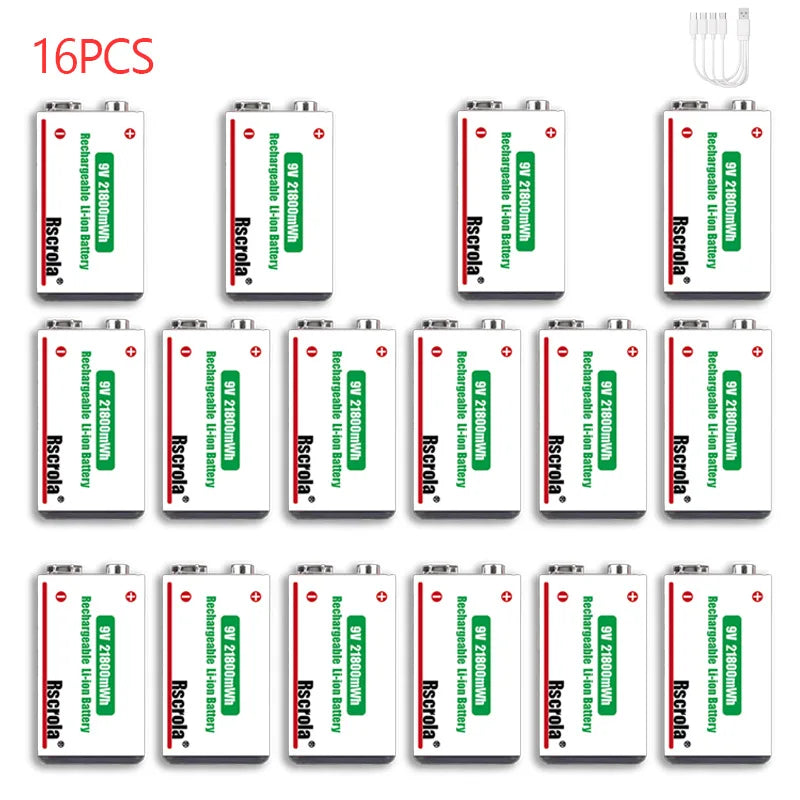 Rscrola USB 9V Rechargeable Battery 21800mWh USB Type-C Rechargeable 9V Li-ion Battery for RC Helicopeter Model Multimeter Toy Oasis Select 16 pcs 9V Batteries 9v
