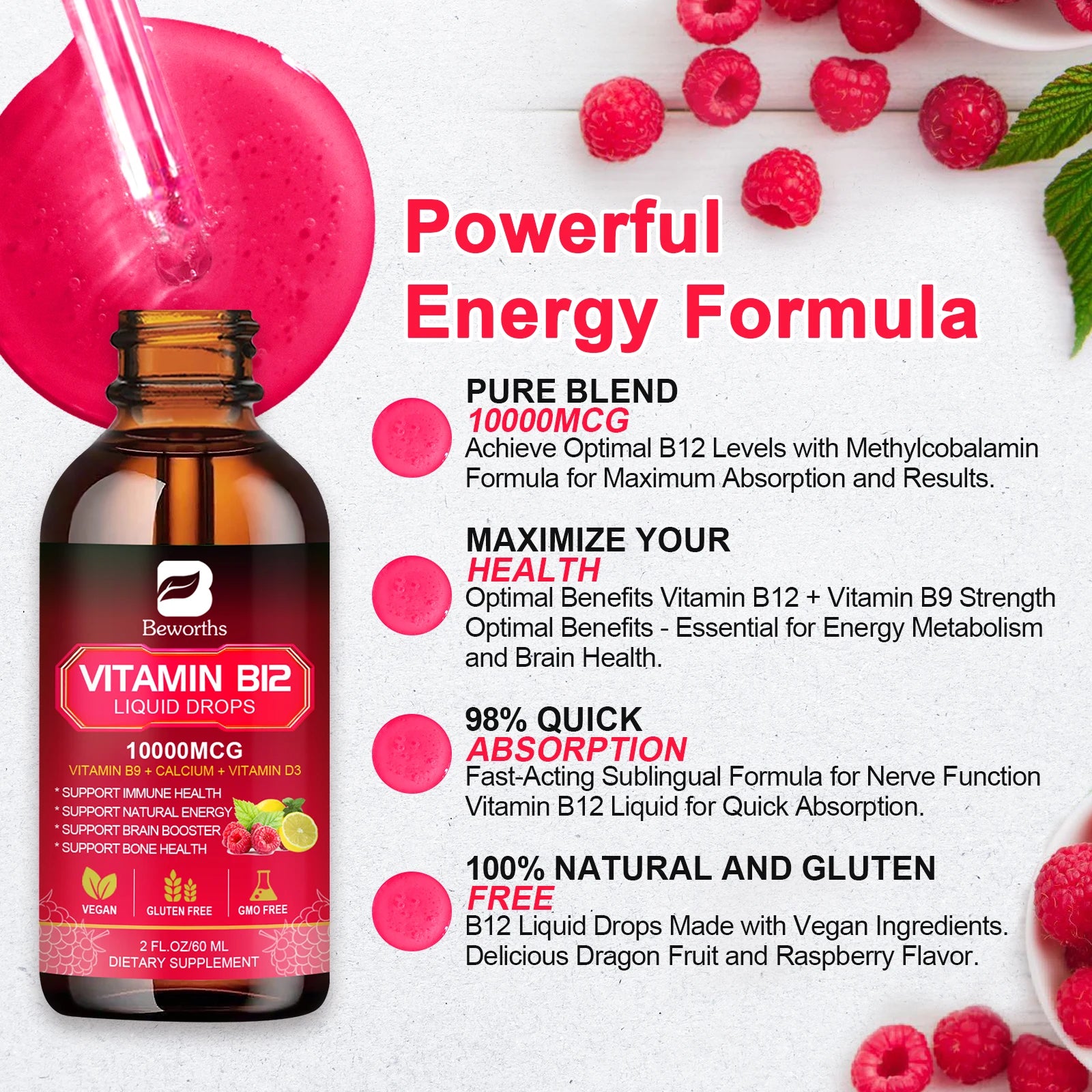 BEWORTHS Vitamin B12 Drops Energy Supplements Support Immune Health Protecting Cardiovascular Health Promote Digestion Oasis Select