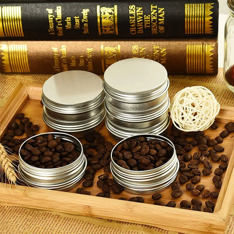 10Pcs 5g/10g/15g/20g/30g/50g Empty Silver Aluminum Tins Cans Screw Top Round Candle Spice Tins Cans with Screw Lid Containers Oasis Select
