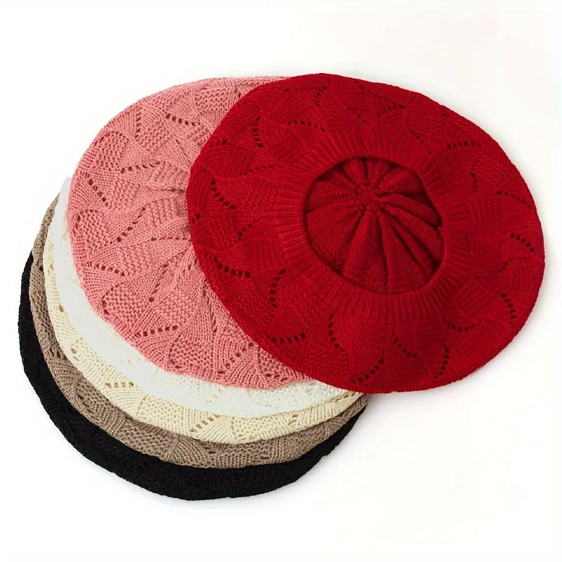 Women's Plain Color Knit Beret Hat Spring Casual Thin Acrylic Berets for Women Ladies French Artist Beanie Beret Hats Oasis Select