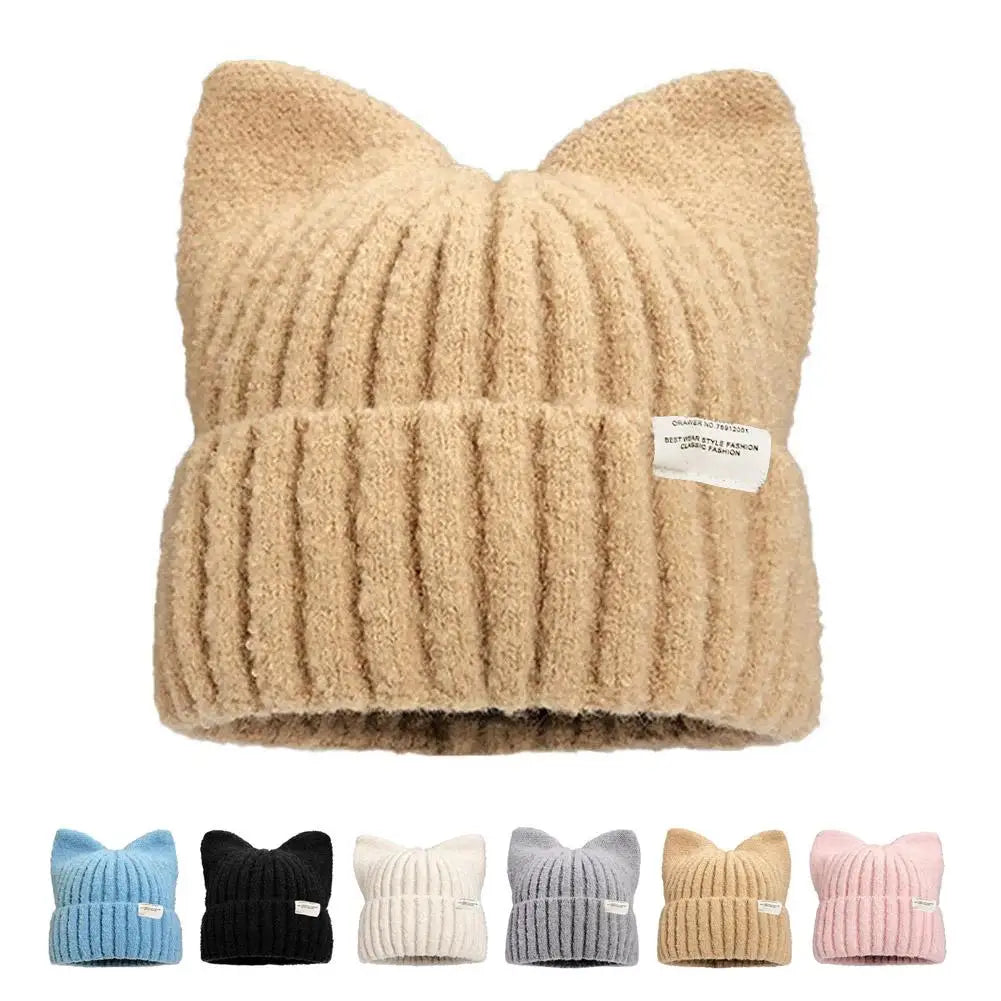 Cat Ear Knit Beanie Hat – Faux Fur Winter Cap for Women