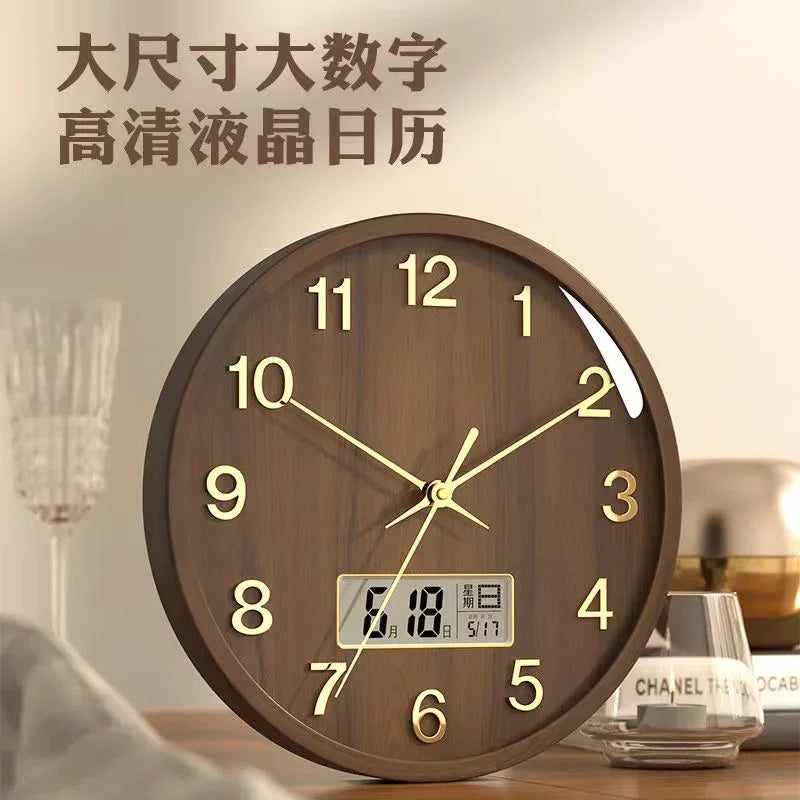 New Chinese Solid Wood Wall Clock Living Room Household Quartz Clock with Calendar Atmospheric Decorative Clock Oasis Select