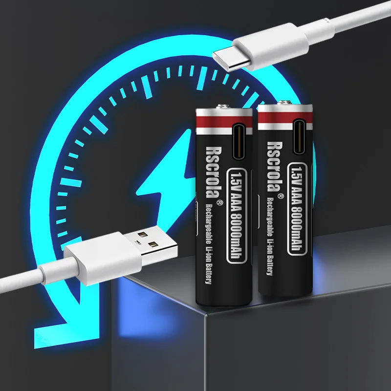 1.5V AAA 8000mAh Lithium Battery - USB Type-C Rechargeable for Portable Speakers, Gamepads, Clocks & Flashlights Oasis Select
