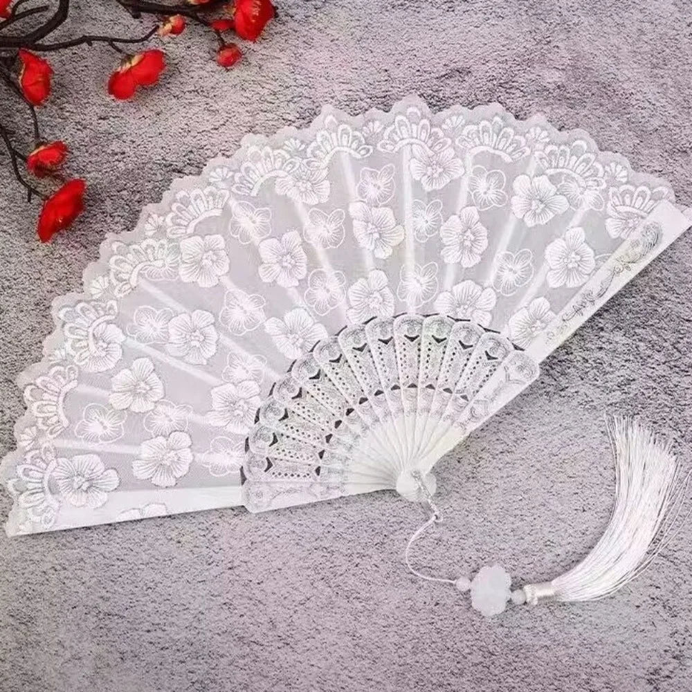 Chinese Folding Fan – Flower Pattern Hanfu Fan with Tassel