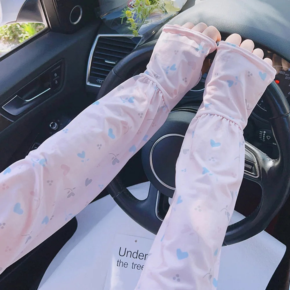 Breathable Ice Silk Sleeve Loose Fit Love Flower Print Sun Protection Sleeves Cooling Material UV Protection Sleeves Cycling Oasis Select Pink