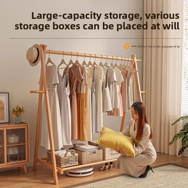 Solid wood coat rack household hanger floor-to-ceiling bedroom balcony drying clothes storage rack hanging bag rack Oasis Select