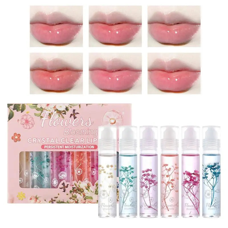 Flower Roll-On Lip Oil Set – Crystal Clear Gloss 6pc Lip Oil Gloss Set Oasis Select