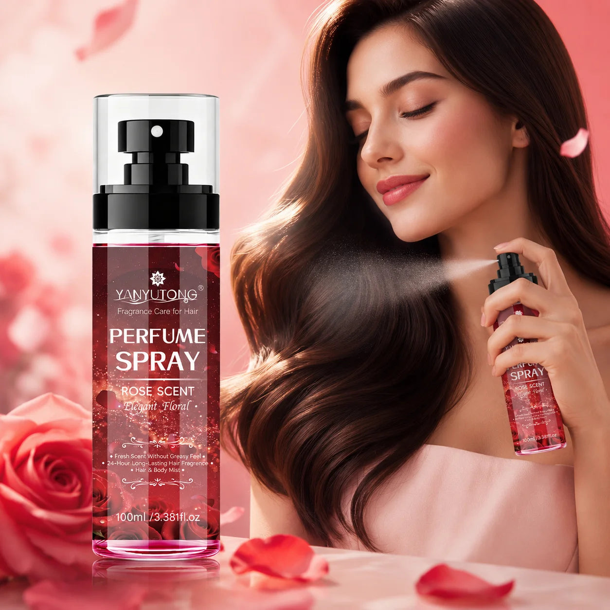 Four scented spray options for hair care, featuring long-lasting fragrance, moisturizing and nourishing properties, and a silky, Oasis Select ROSE SCENT