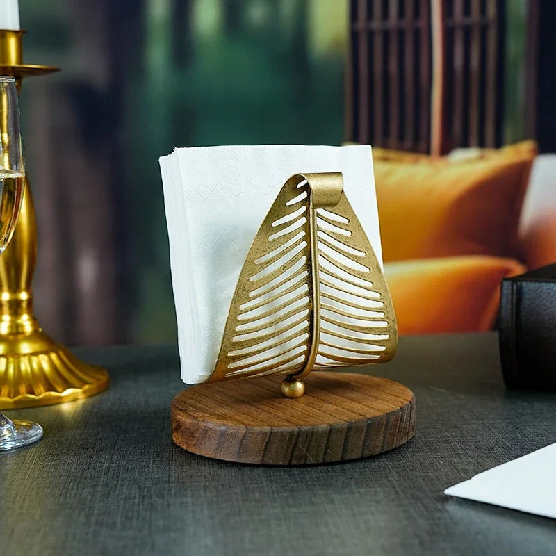 Luxury Golden Leaf Paper Towel Rack Hollow Metal Light for Home Restaurant Hotel Desktop Storage Organizer Oasis Select