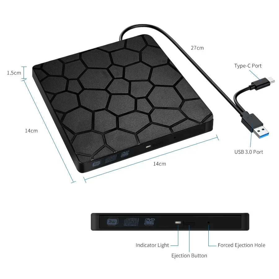 GGBEE External DVD CD Burner USB 3.0 & USB-C for Laptop PC External Optical Drive Oasis Select Black
