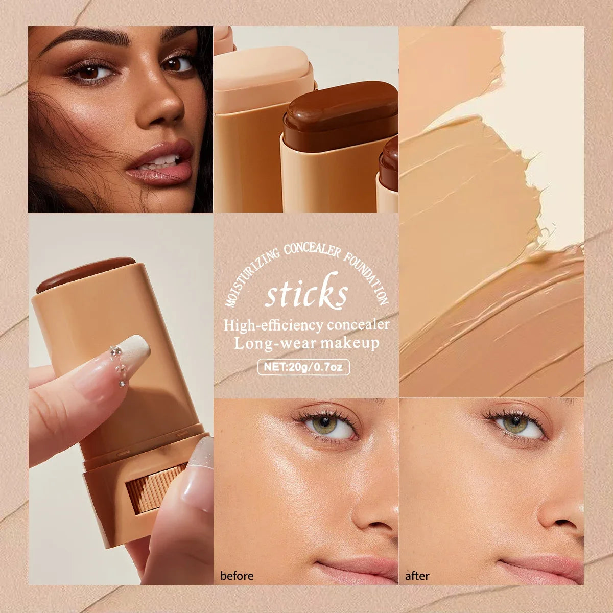 Waterproof Concealer Stick Lightweight Foundation Long Lasting Moisturizing Cover Blemishes Natural Finish Brightening Makeup Oasis Select