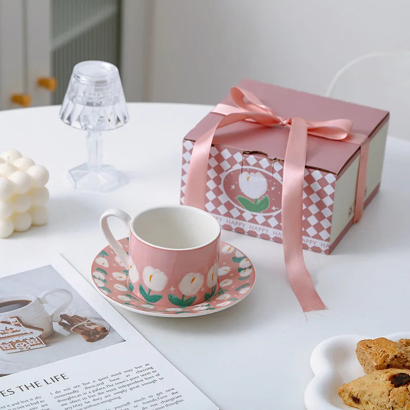 Ins Style Hand-Painted Tulip Ceramic Coffee Mug & Saucer Plate Set, for Breakfast Milk Drink Afternoon Tea Home Tableware Oasis Select Pink 201-300ml