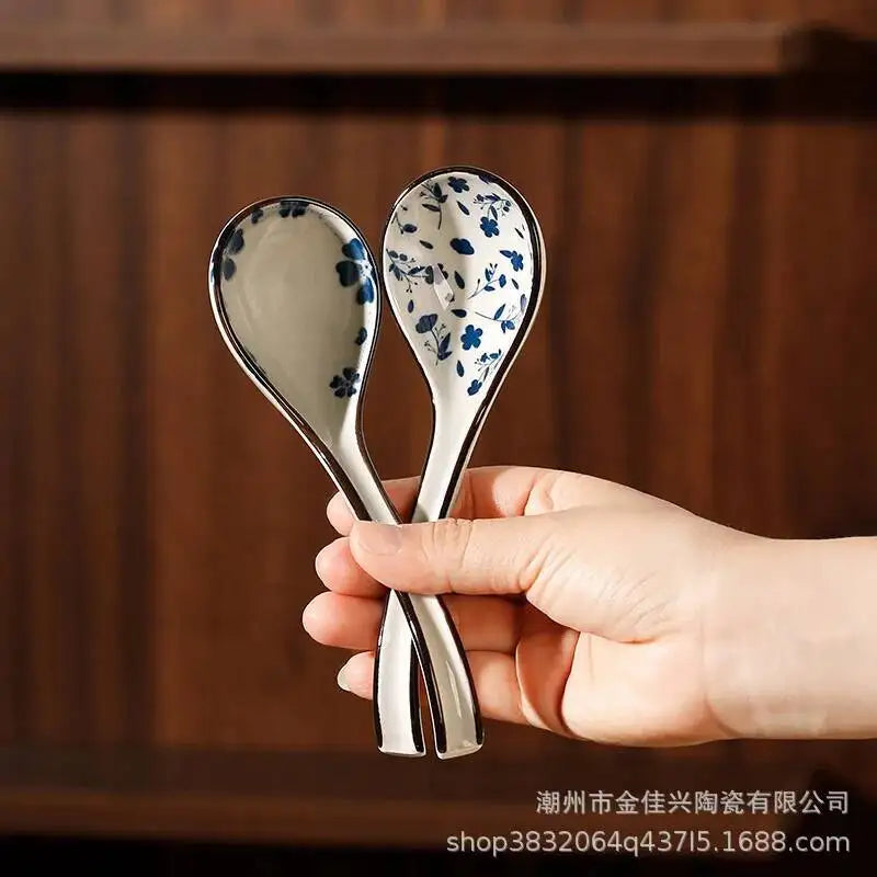 Japanese Blue And White Ceramic Spoon Extended Length For Soup And Noodle Serving Kitchen Tablewear Oasis Select