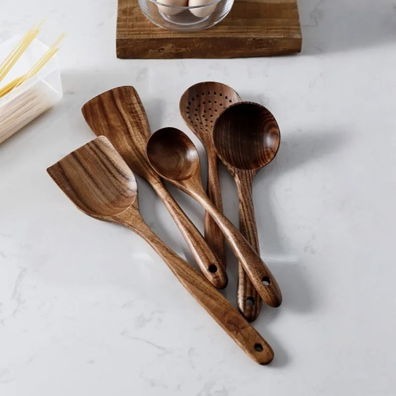 5pcs Wood Kitchen Utensil and Spoon Sets - Smooth Finish Non-Stick Cooking Spoons with Comfort-Grip, Wooden Spatula for Soup Oasis Select