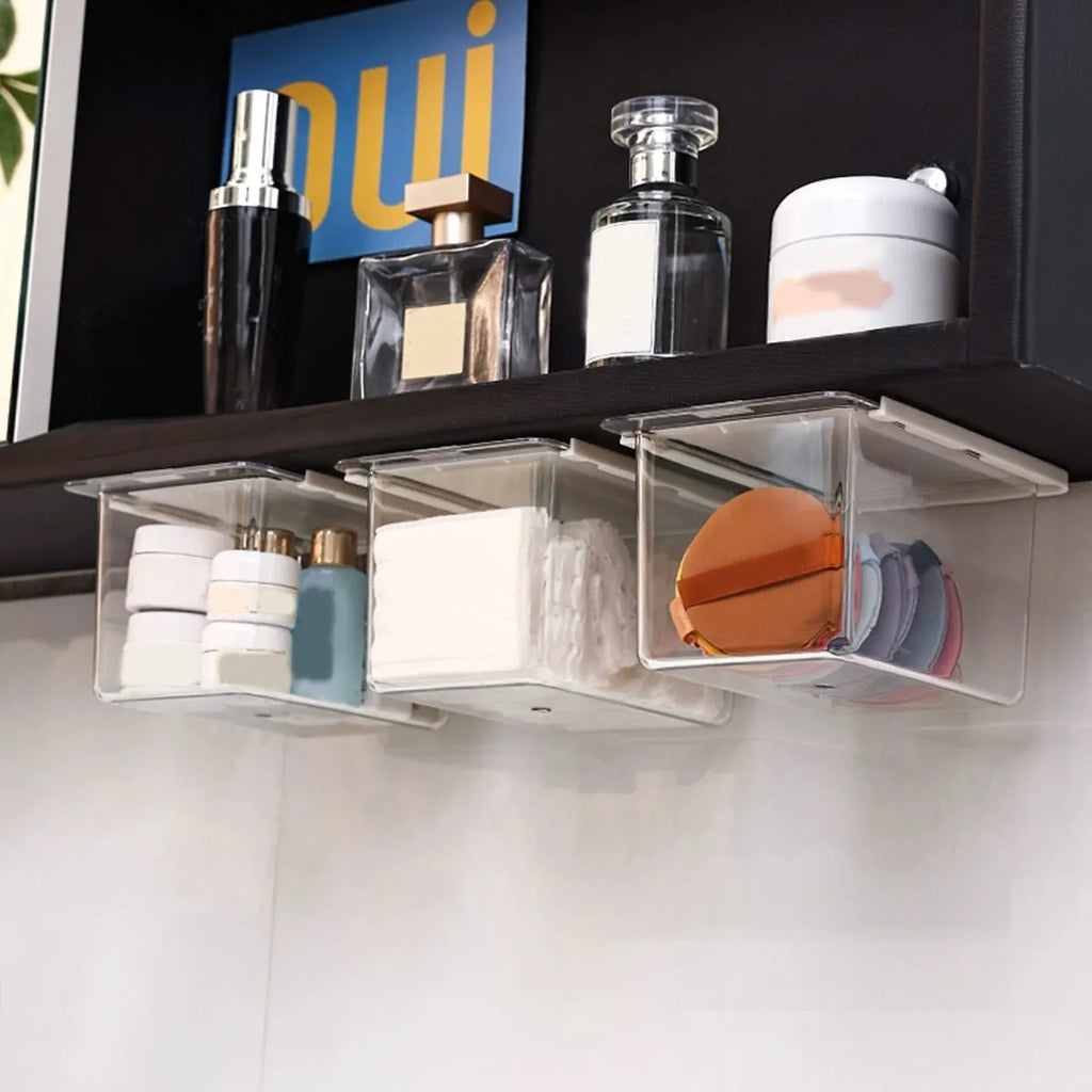 1pc Transparent cosmetics storage box, hidden drawer in bathroom, can store makeup pads, lipstick, cotton swabs Oasis Select