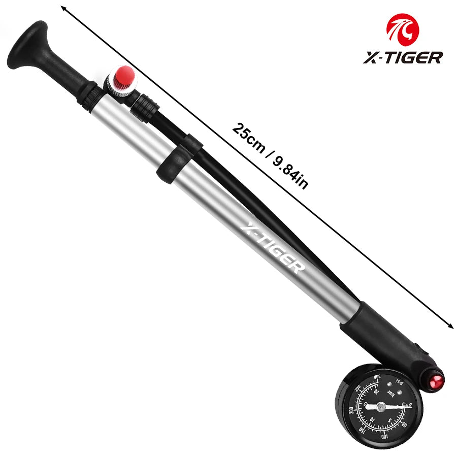 X-TIGER Portable High-pressure 300psi Bike Air Pump with Gauge for Fork & Rear Suspension Shock Absorber Mountain Oasis Select Silver T-shaped