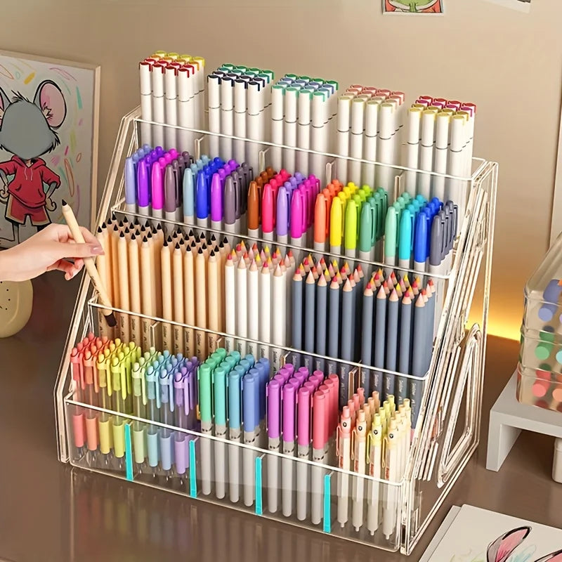 Large Capacity Acrylic Marker Holder Pen Storage Box Desktop Organizer with Compartments for Paintbrushes Pencils Art Supplies Oasis Select