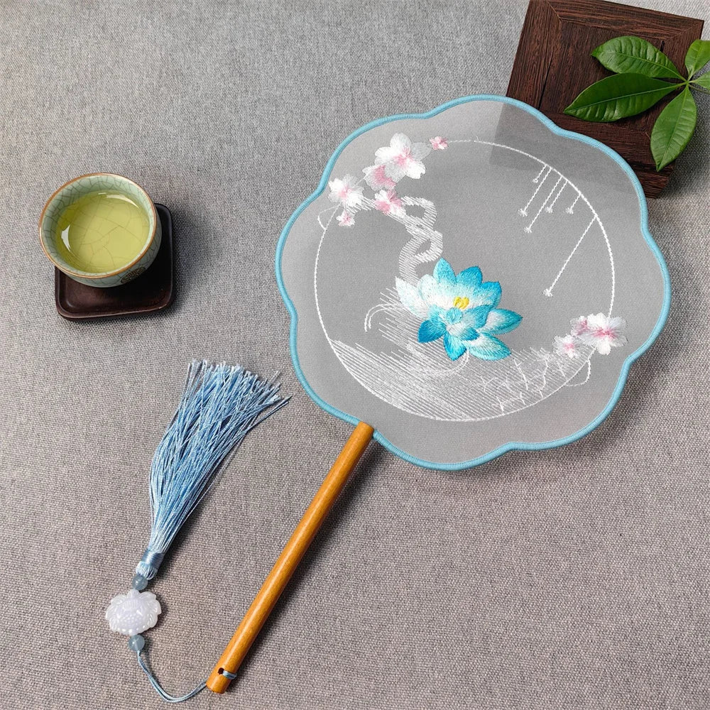 Flower Embroidered Silk Round Fan Chinese Hand Fans with Wooden Handle Tassel Wedding Party Dance Accessories Home Decor Oasis Select Style 9