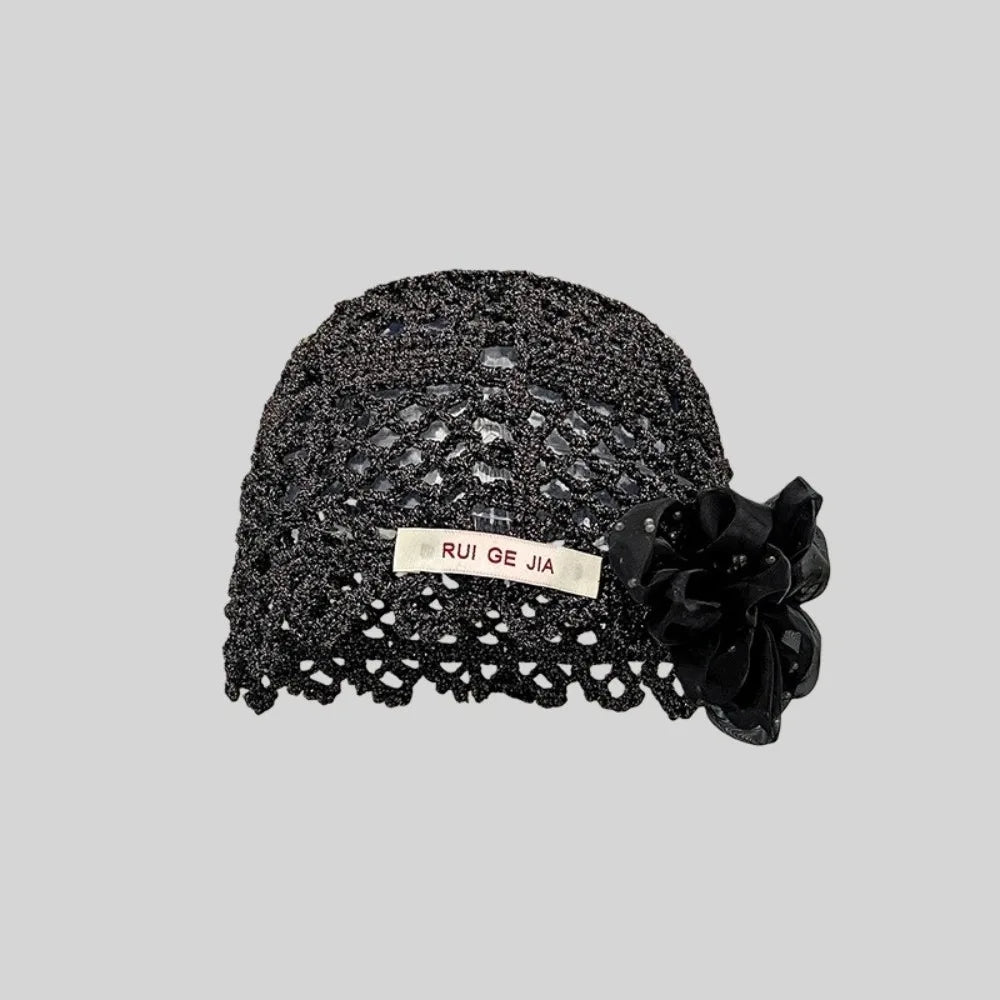 French Breathable Hollow Pullover Hats 3D Flower Hollow Out Beanies Cap Knitted Hat Summer Oasis Select Black