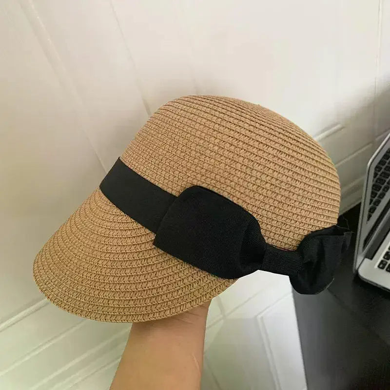 Women's Summer Straw Hat French Flat Top Vintage Bow Sun Visor Cap For Outdoor Travel Beach Vacation Sunscreen Headwear Oasis Select