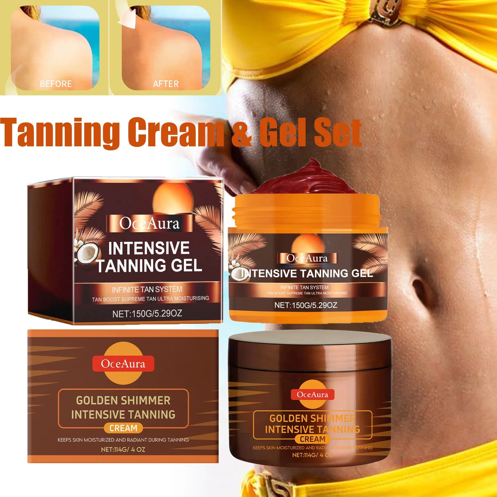 Intensive Tanning Gel & Cream Set Accelerator Bronzing Dark Skin Long Lasting Moisturizing Face Body Sunless Self Tanning Cream Oasis Select