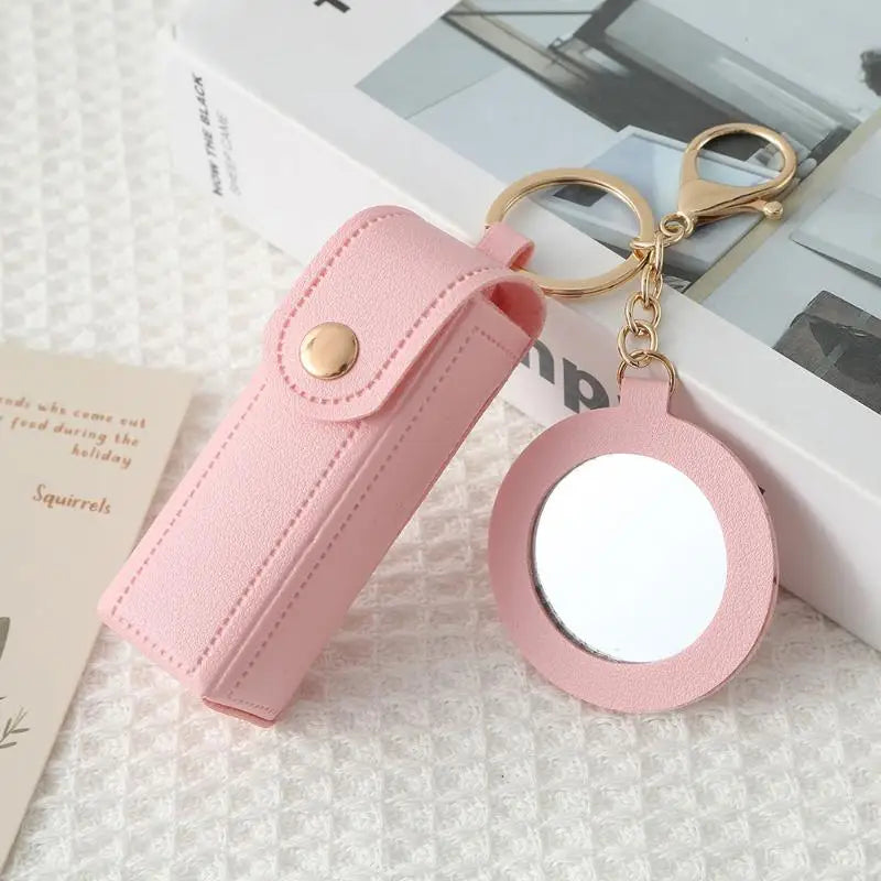 PU Leather Lipstick Holder Keychain with Flower Mirror