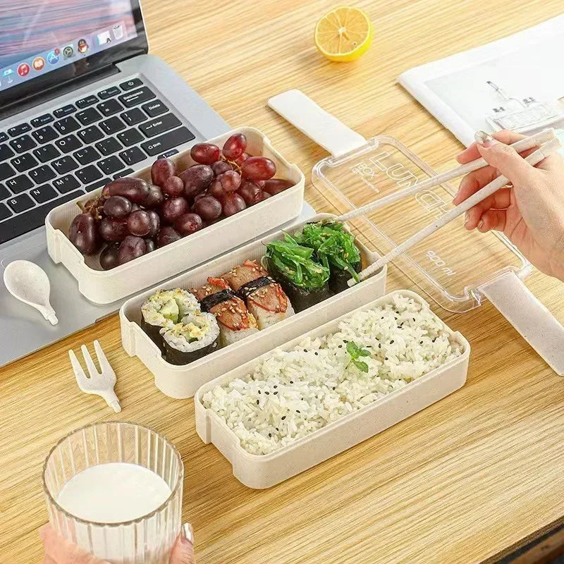 3 in 1 Wheat Straw Bento Box Reusable Portable Lunch Container Compartment Meal and Snack Food Storage Tableware Set Oasis Select