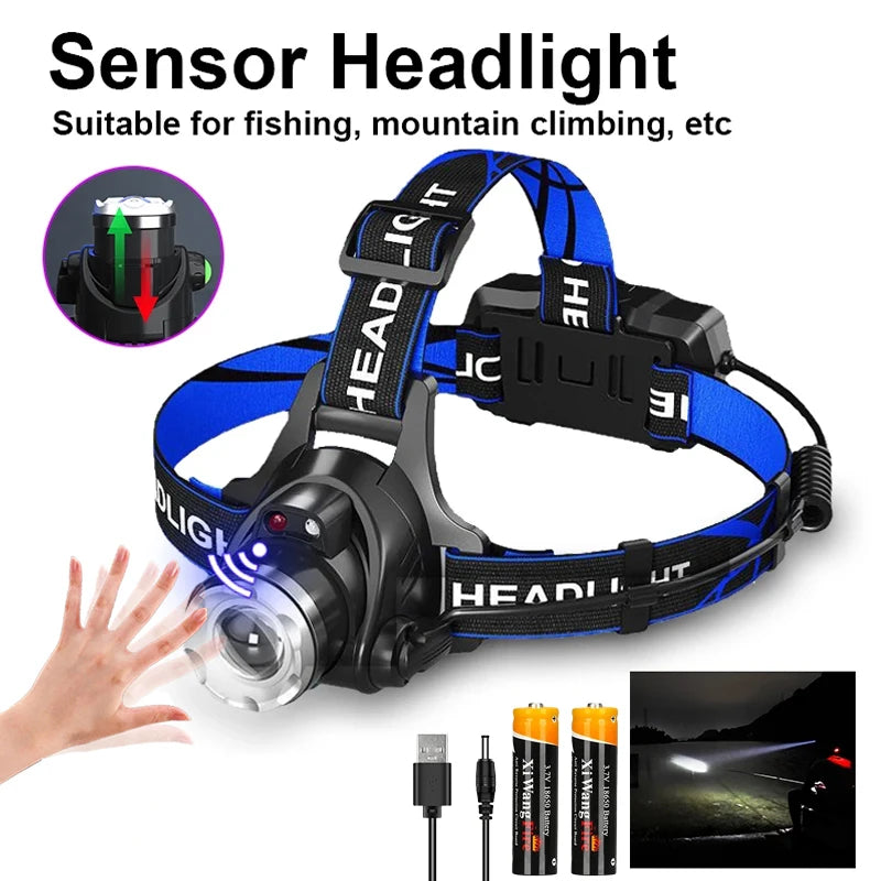 Powerful LED Induction Headlamp USB/DC Rechargeable Super Bright Head Flashlight Outdoor Camping Fishing Hunting Headlight Oasis Select