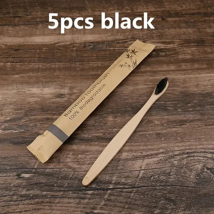 10Pcs Eco friendly toothbrush Bamboo Resuable Toothbrushes Portable Adult Wooden Soft Tooth Brush for Home Travel Hotel use Oasis Select 5pcs black