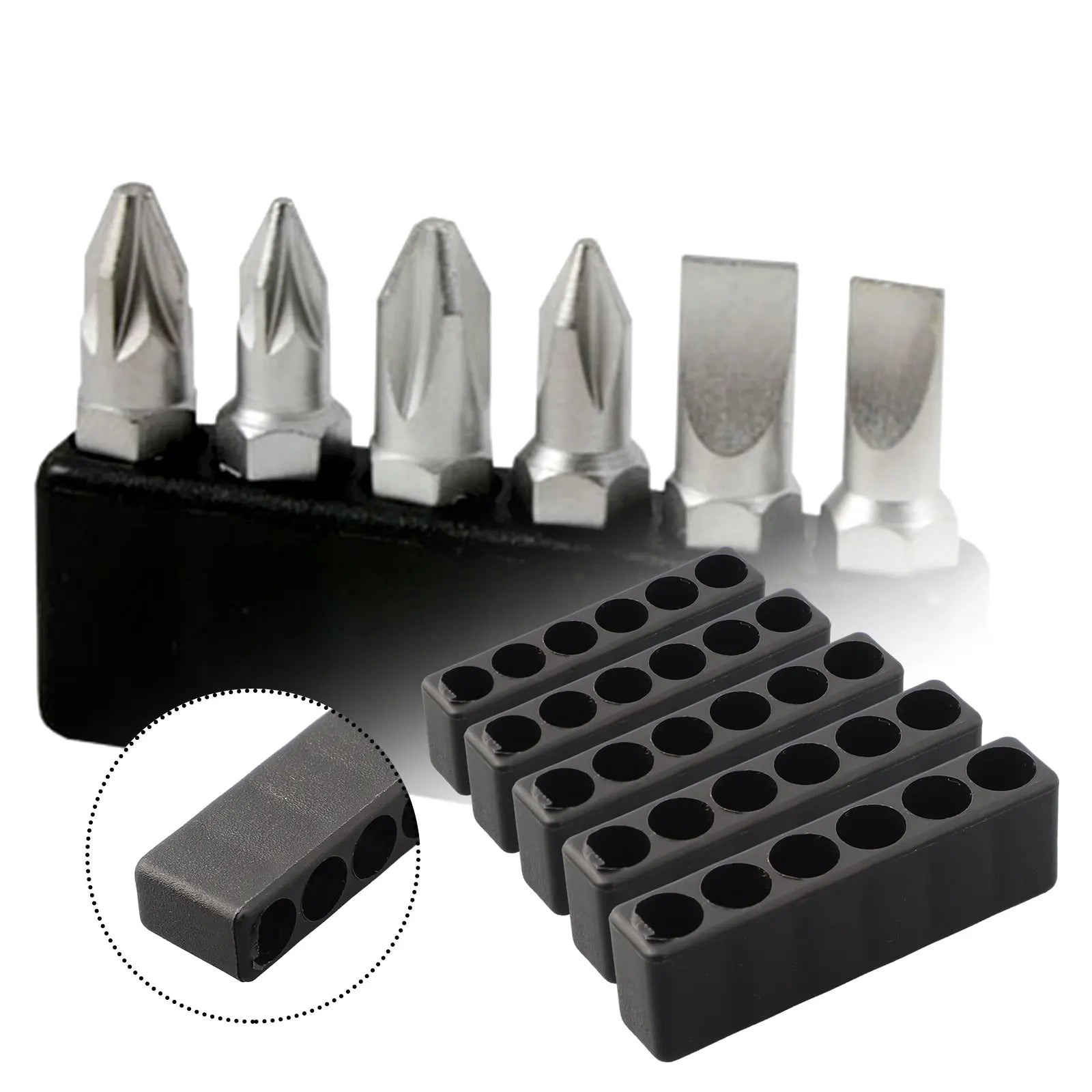 5Pcs 6Hole 1/4 Hex Shank Screwdriver Bit Holder Plastic Screwdriver Storage Drill Bit Stand Case Power Tools Oasis Select