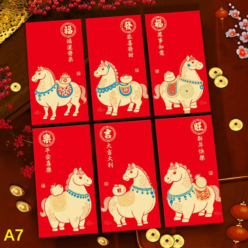 6Pcs/set Chinese New Year Money Envelope Horse Year Red Envelope Red Pocket Spring Festival Envelope Oasis Select A7