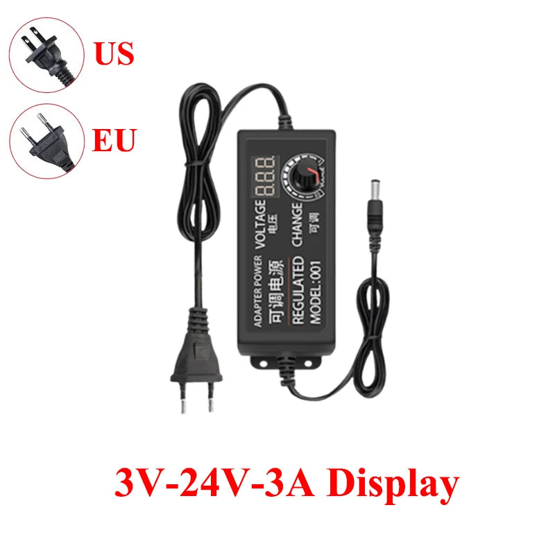 Transfotrmer AC 220V TO DC 12V 24V 5V Adjustable Power Supply Adapter DC 3V-24V Transformers AC 220 V To 12 24 V With 8PCS Plug Oasis Select 3V-24V-3A Display US Plug
