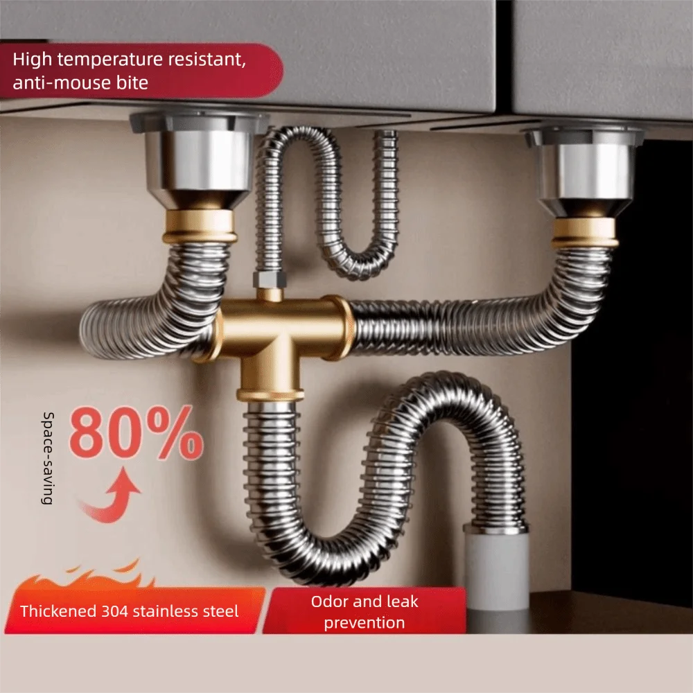Stainless Steel Sink Drain Pipe Set Easy Install Space Saving Anti-Leak Drainage Kit Single/Double Bowl Anti Clogging Drain Hose Oasis Select