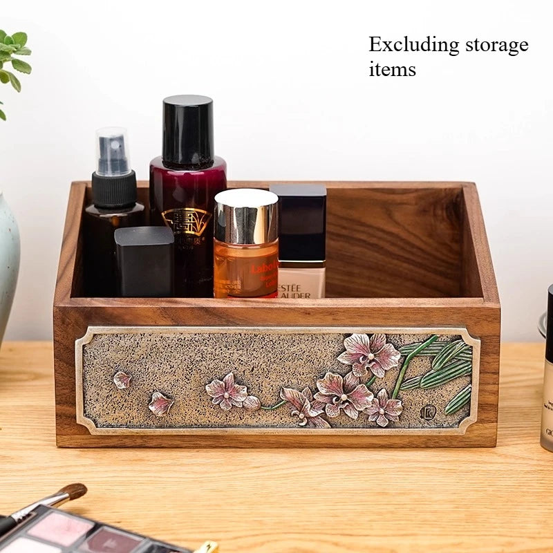 Black Walnut Chinese Living Room Solid Wood Storage Box Multi Functional Dressing Table Desktop Cosmetics Storage Ornament Oasis Select D