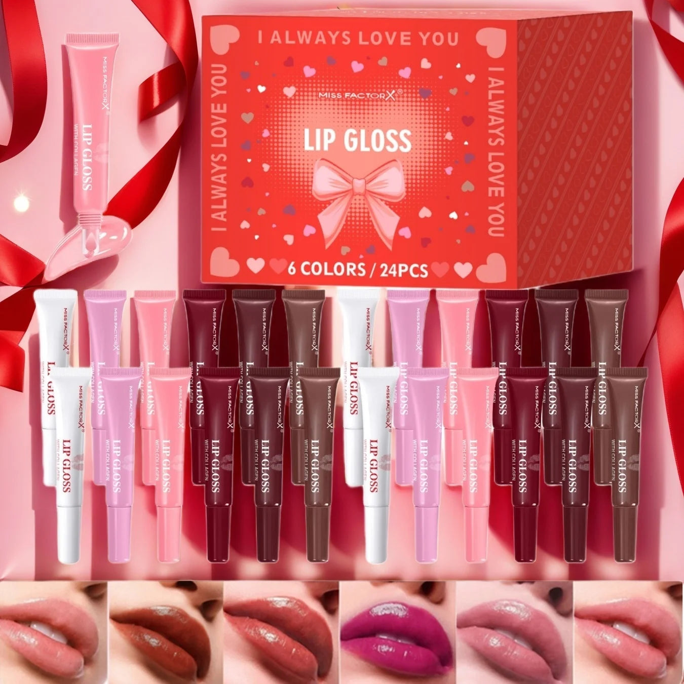 Premium gift set 24PCS/box Lip gloss set Long-lasting moisturizing Lip color modification Perfect gift for women Valentine’s Day Oasis Select