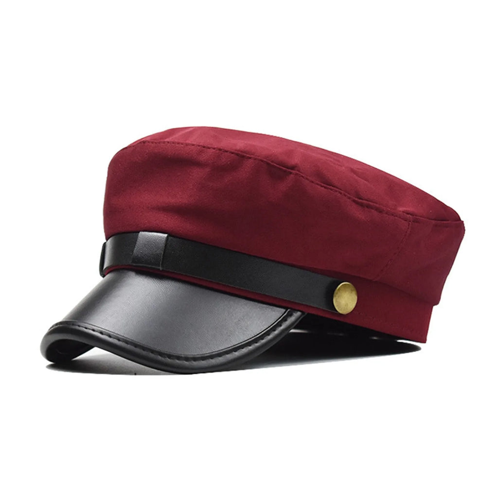 Unisex Cycling Caps PU Leather Hat Autumn Sailor Hat for Women Men Men Black Female Travel Student Hat Captain Hat Flat Top Oasis Select Wine