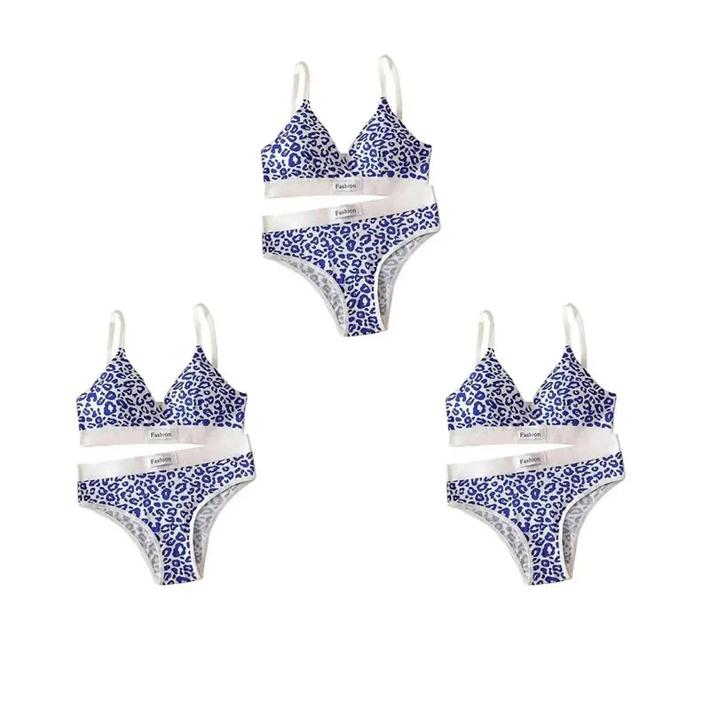 1-4pcs Summer Set New Women's Leopard Print Traceless and Steel Rim Bra Adjustable Shoulder Strap Back Women's Underwear Set Oasis Select Blue 3 set One Size