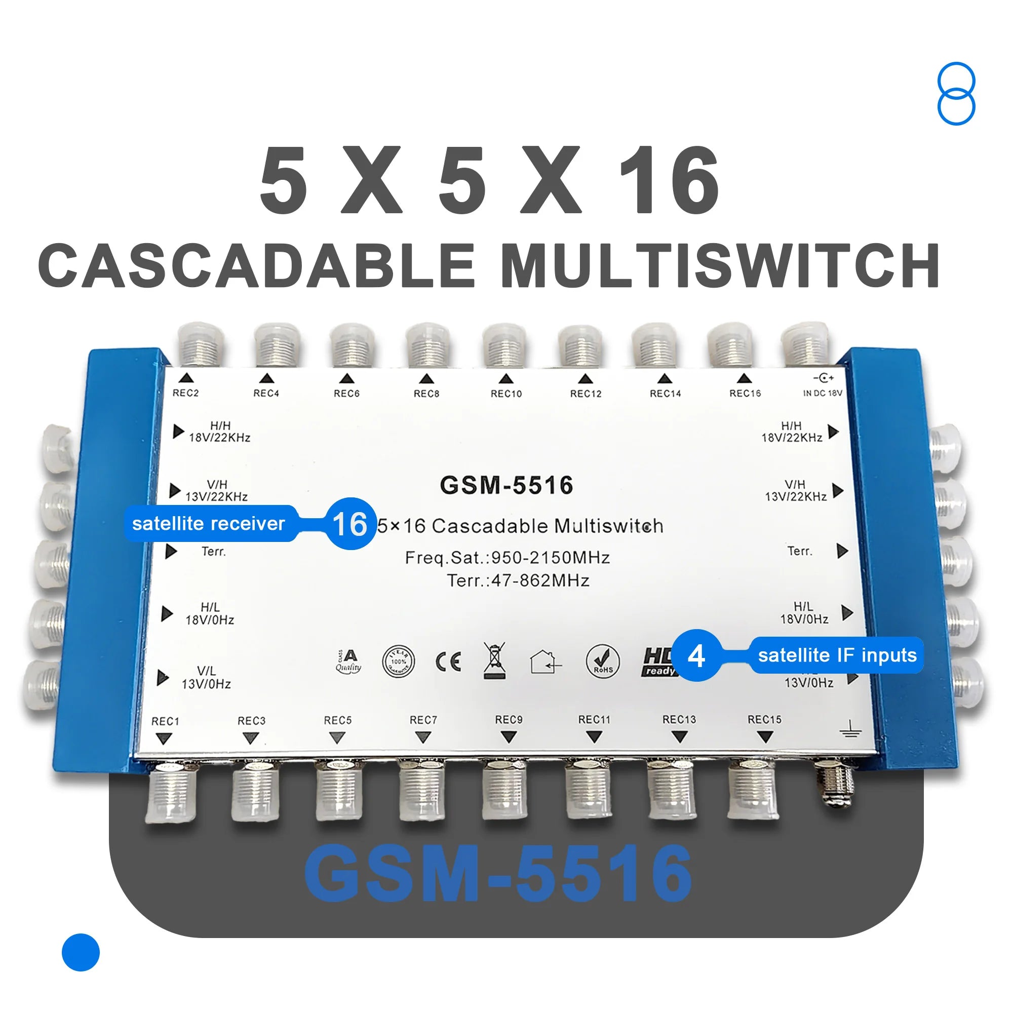 5/9-in-16-out satellite signal multi-channel switching switch cascade multi in multi out 13V 18V 22K Diseqc signal distributor Oasis Select