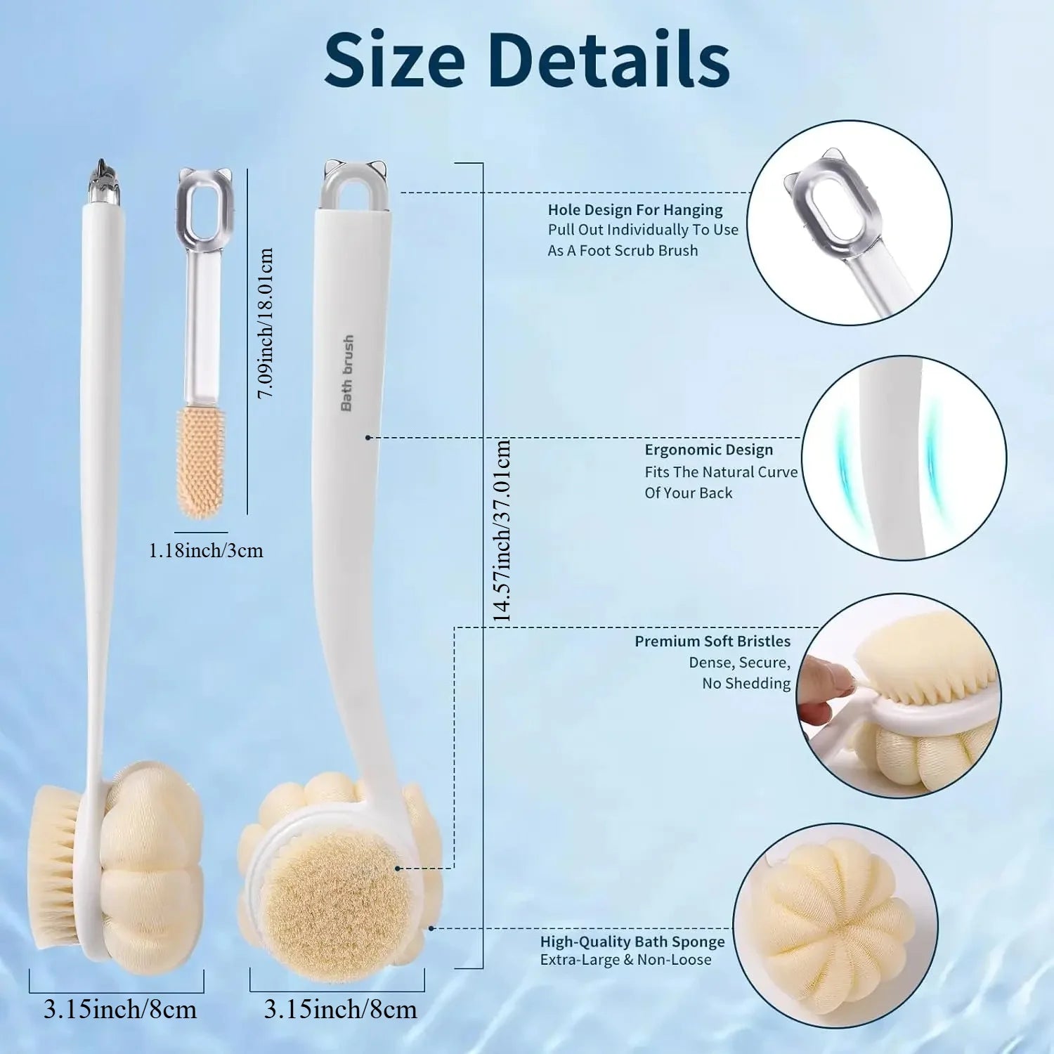 3in1 Shower Brush Long Handle Back Scrubber Soft Bristles Loofah Foot Exfoliator Body Bath Massager Cleaning Bathroom New 2026 Oasis Select