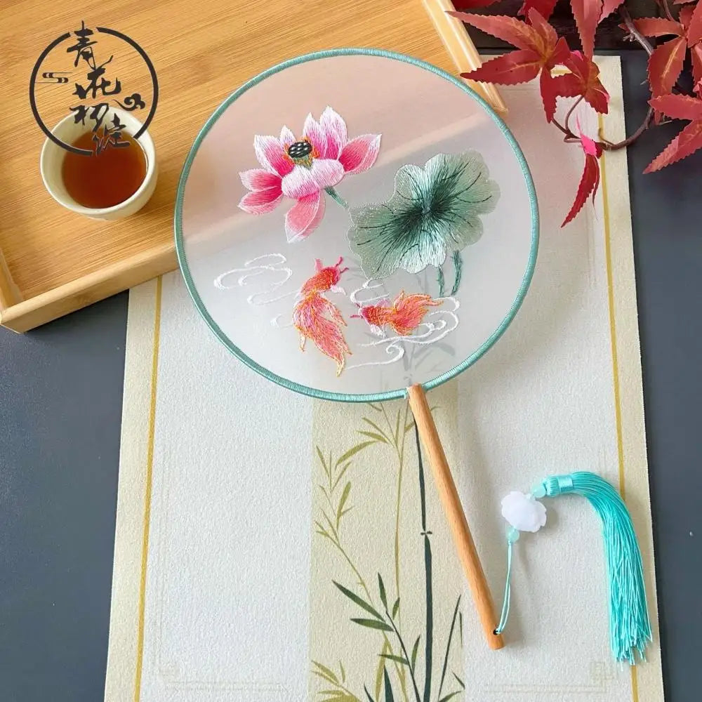 Chinese Style Silk Round Fan Double-sided Floral Embroidery Hand Fans with Tassel Summer Dance Fan For Women Wedding Home Decor Oasis Select 06