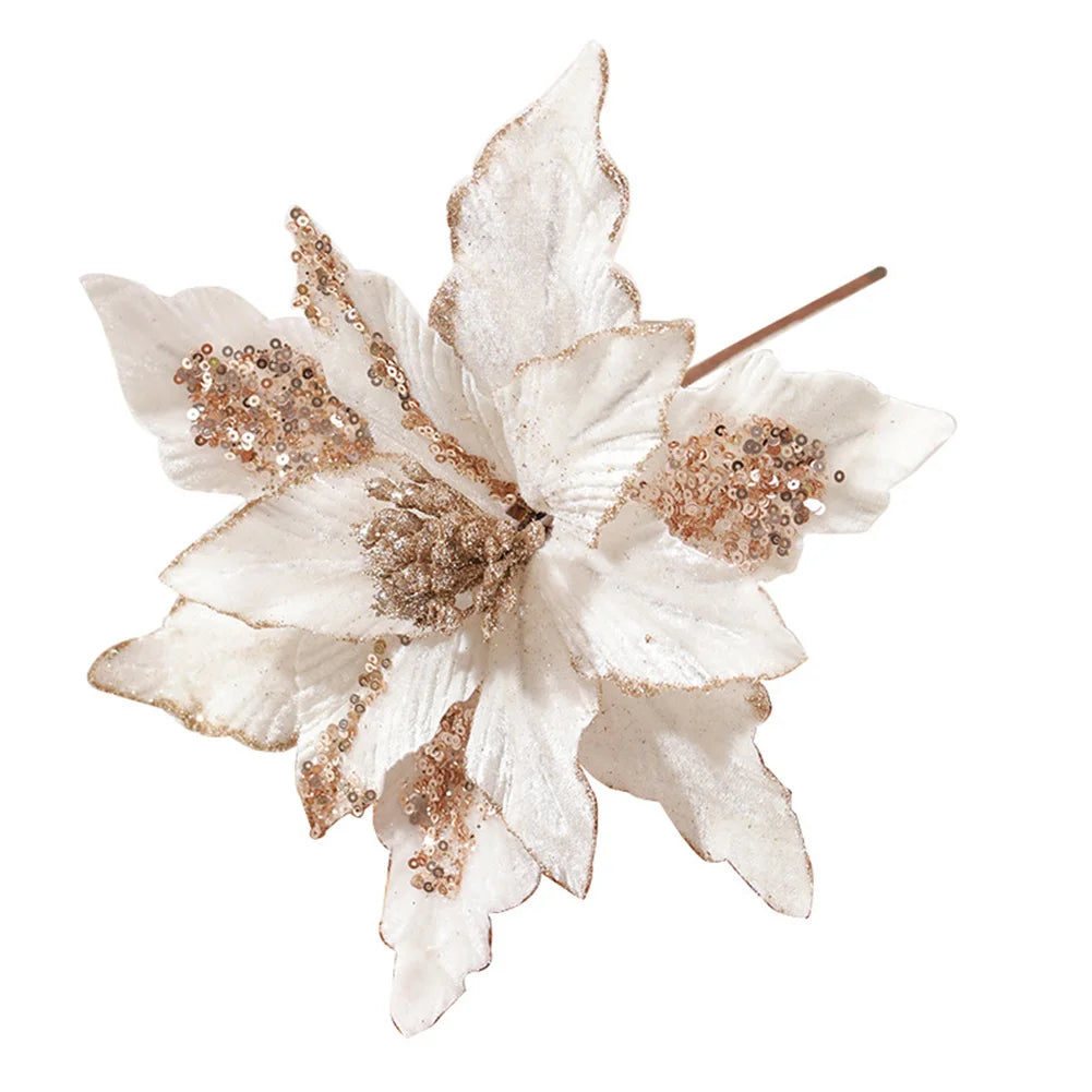 Glitter Artificial Christmas Cloth Flowers | Tree & Home Décor Artificial Christmas Flower Oasis Select White