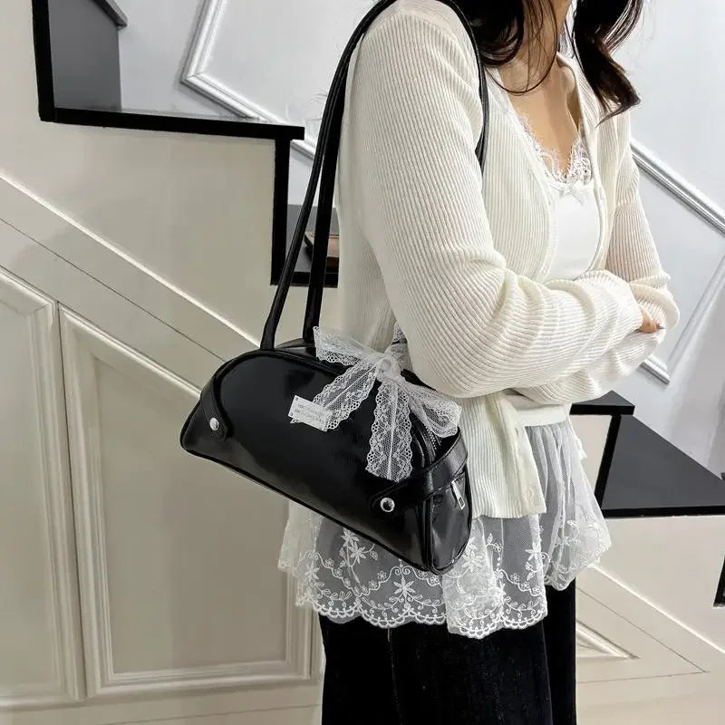 Women Casual PU Leather Tote Handbag Bow Leisure Armpit Handbag Solid Color Travel Underarm Handbag Female Dating Bag Oasis Select