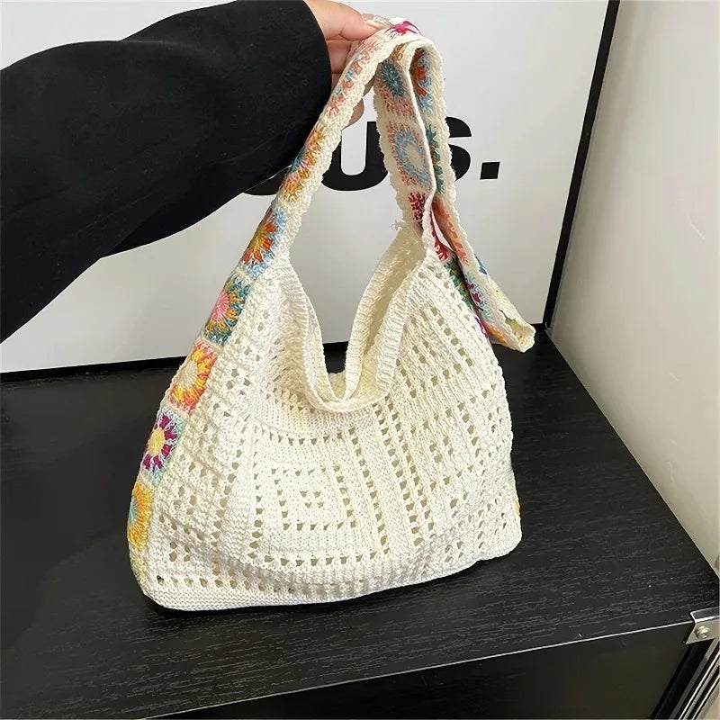 Women's Boho Crochet Bag Designer Flowers Knitted Handbags Large Capacity Summer Beach Woven Shoulder Bag Girls Tote Shopper Bag Oasis Select
