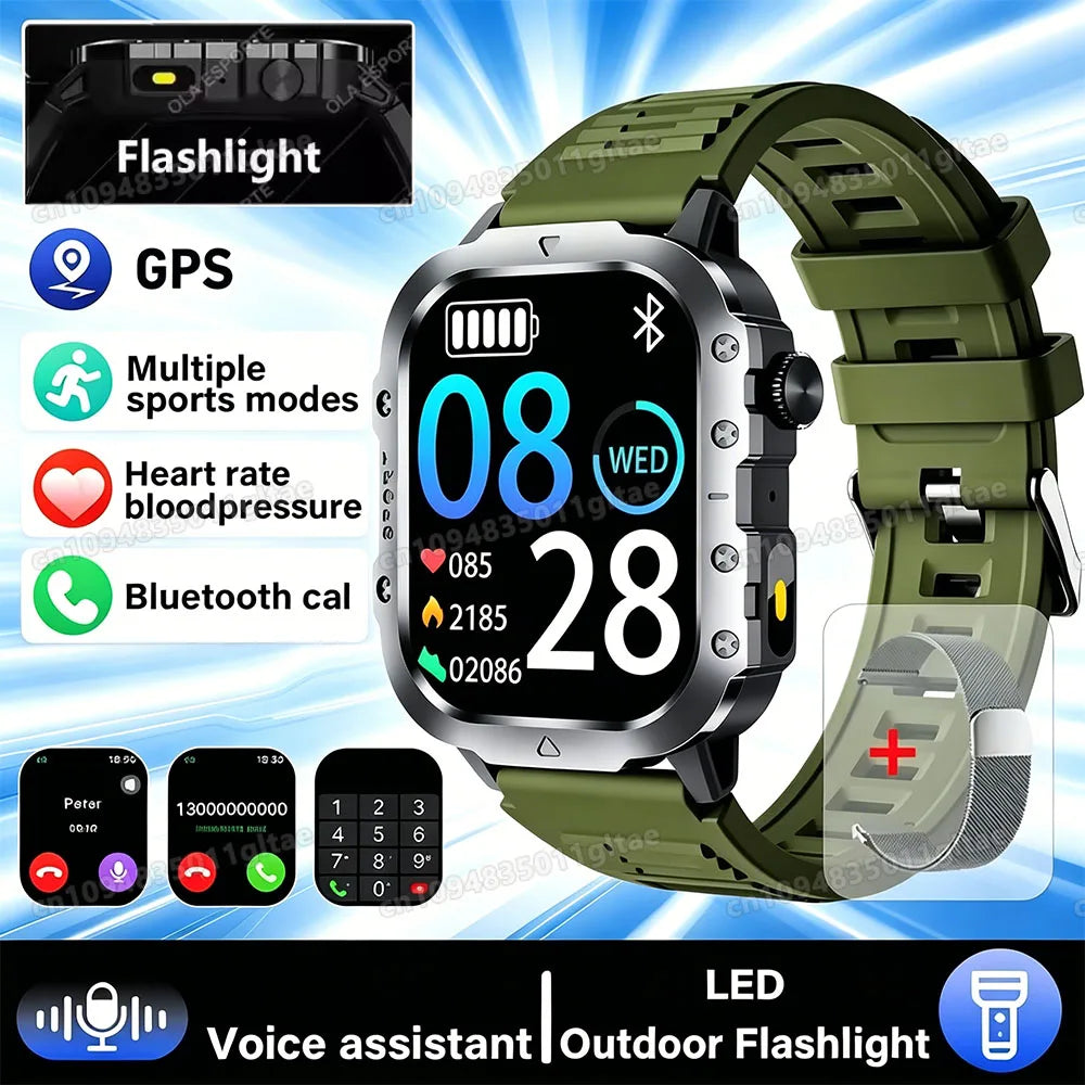 Military-Grade Smartwatch – Bluetooth Call, Flashlight & 100+ Sports