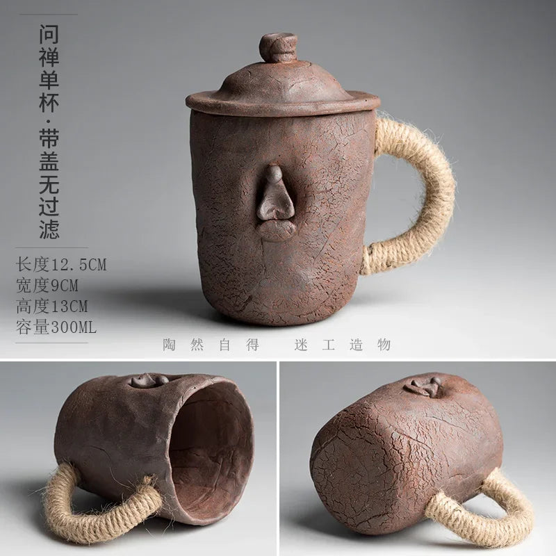 Handmade thick ceramic mug with lid spoon creative tie rope ceramic large capacity Japanese coffee cup cups Oasis Select 3 301-400ml