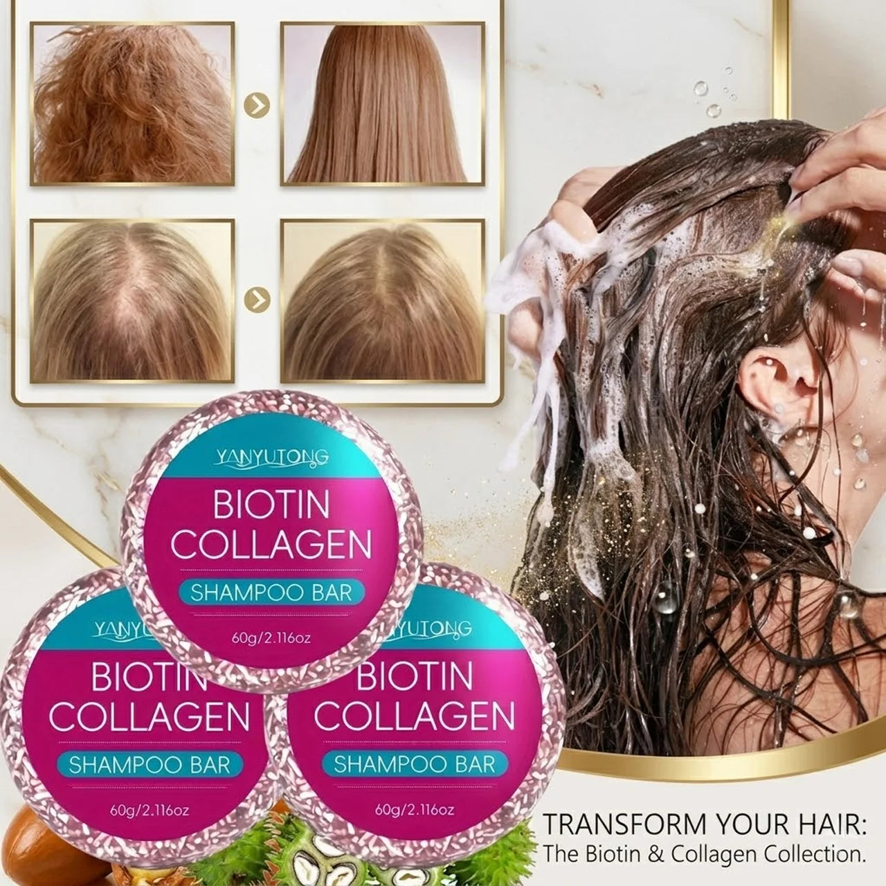 Biotin-enriched collagen shampoo bar provides hydration and nourishment, deeply nourishes the scalp, cleans gently, and protects Oasis Select 3PCS